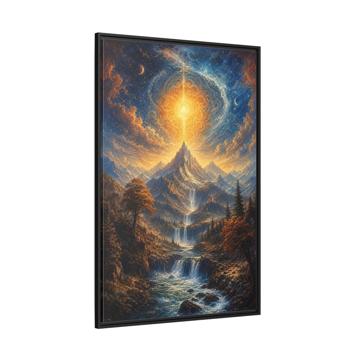 Nature Cosmic Mountains Blue and Gold Framed Canvas Wall Art - Living Room Above Sofa shown as canvas wall art