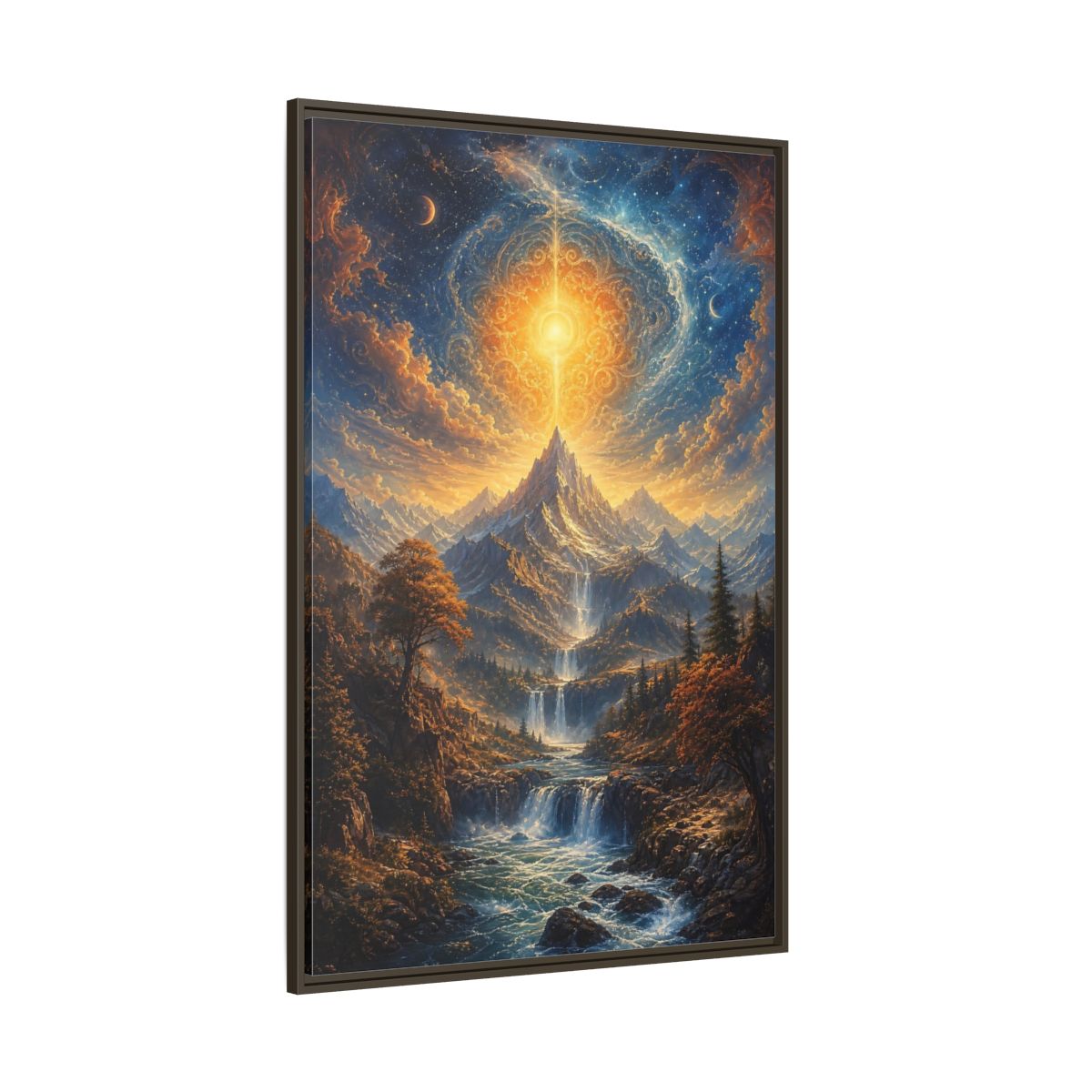 Nature Cosmic Mountains Blue and Gold Framed Canvas Wall Art - Living Room Above Sofa shown as canvas wall art