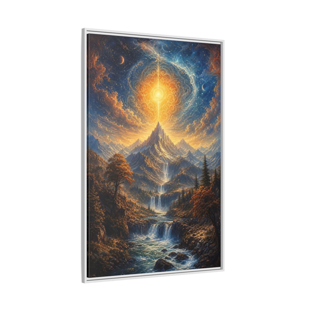 Nature Cosmic Mountains Blue and Gold Framed Canvas Wall Art - Living Room Above Sofa shown as canvas wall art