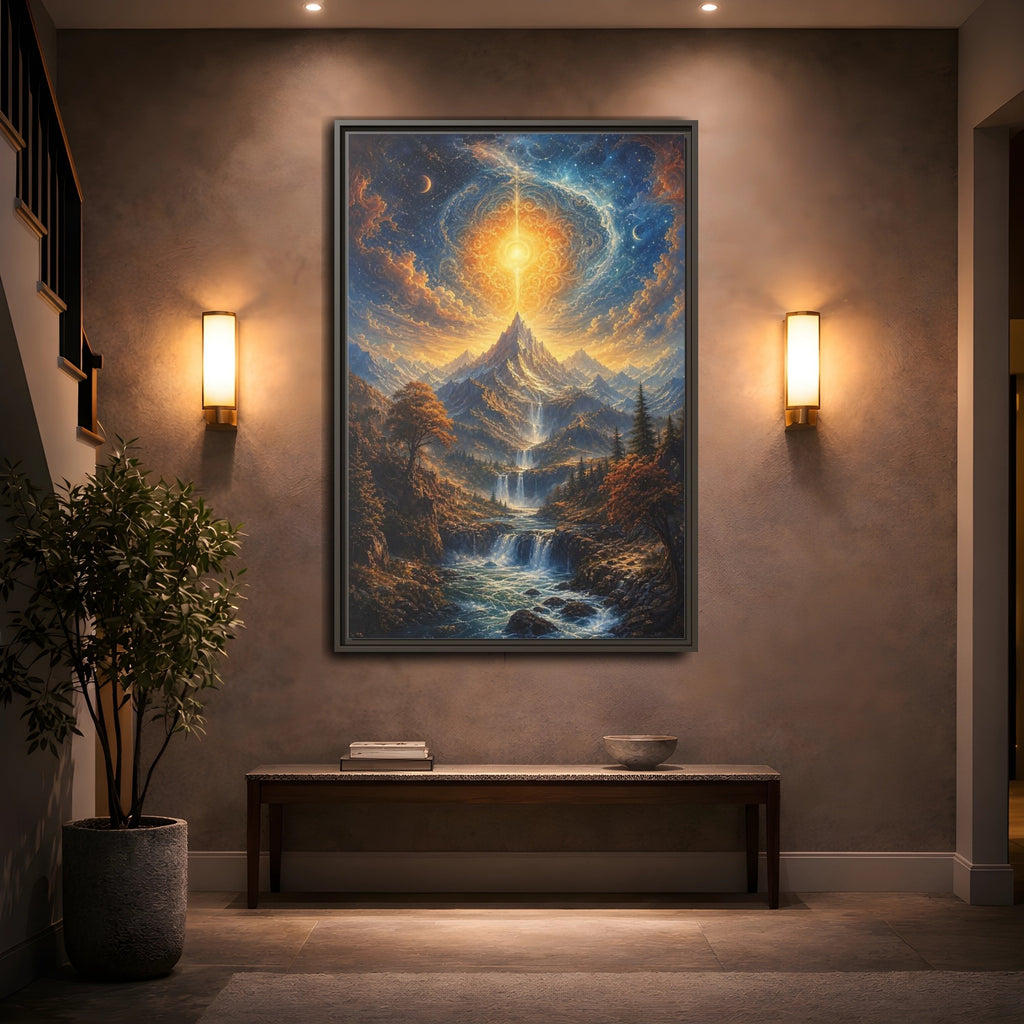 Mockup 2. Nature Cosmic Mountains Blue And Gold shown as stretched canvas wall art