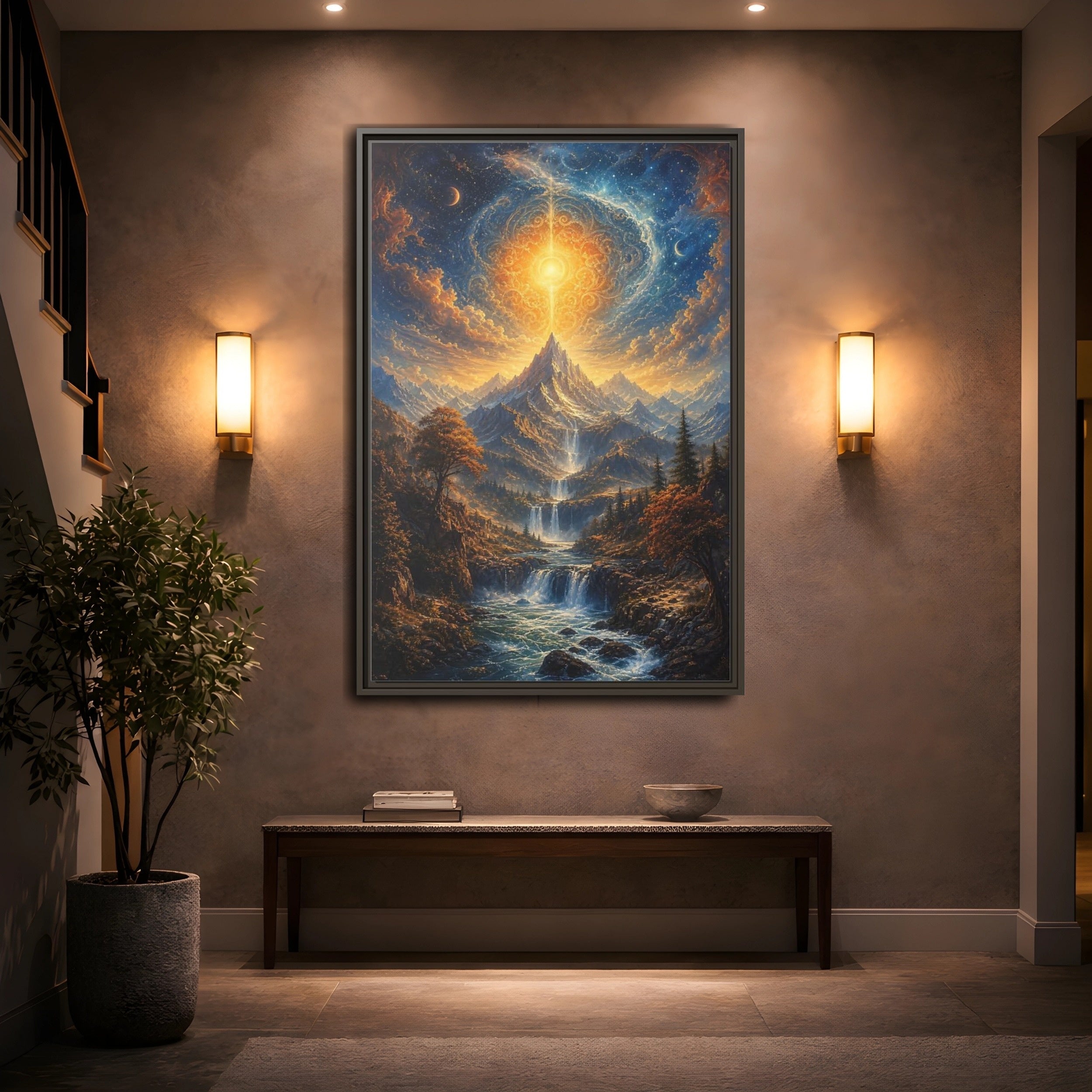 Mockup 2. Nature Cosmic Mountains Blue And Gold shown as stretched canvas wall art