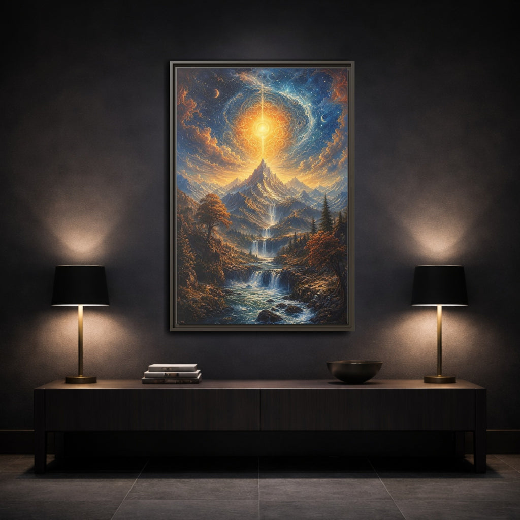 Mockup 3. Nature Cosmic Mountains Blue And Gold shown as stretched canvas wall art