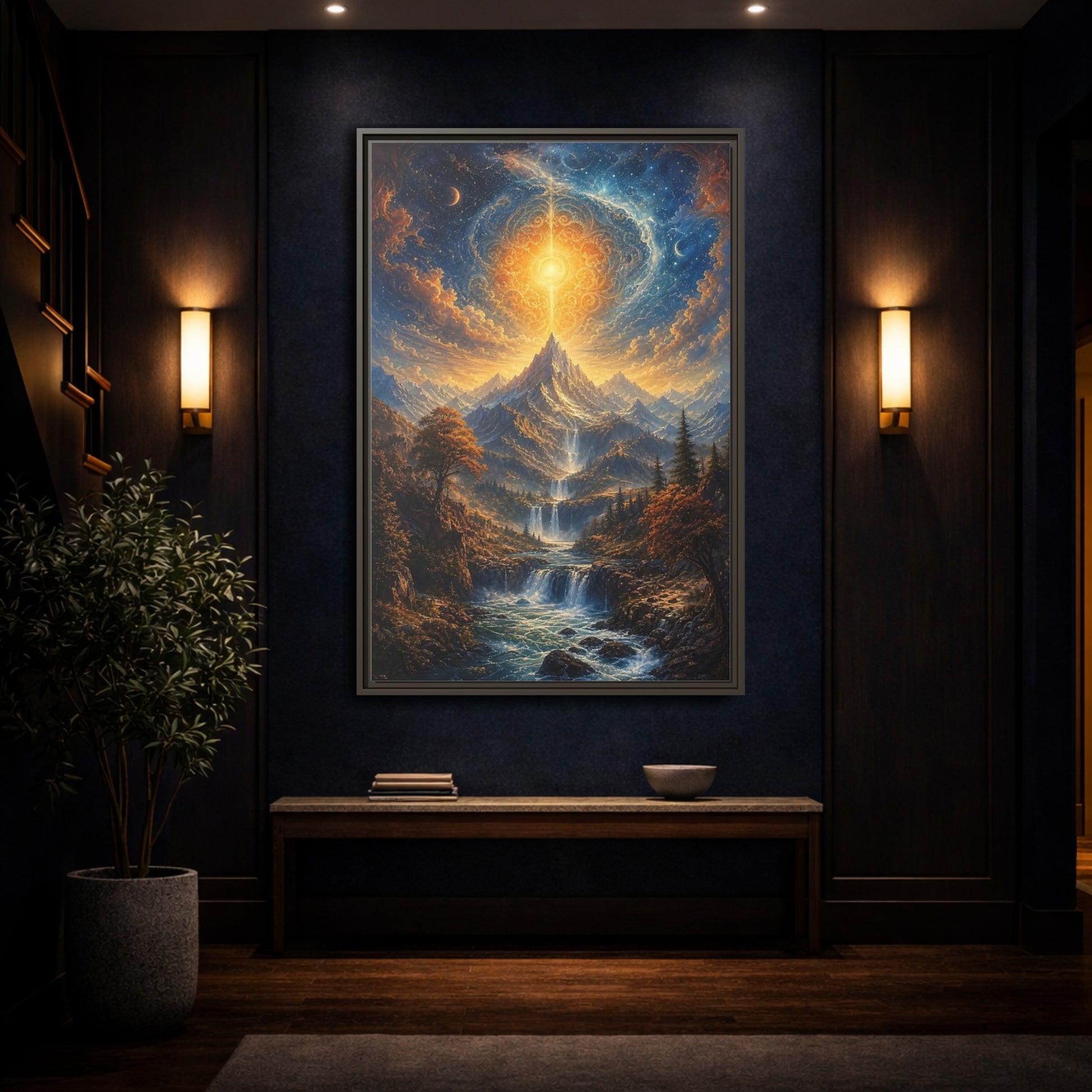 Nature Cosmic Mountains Blue and Gold Framed Canvas Wall Art - Living Room Above Sofa shown as canvas wall art