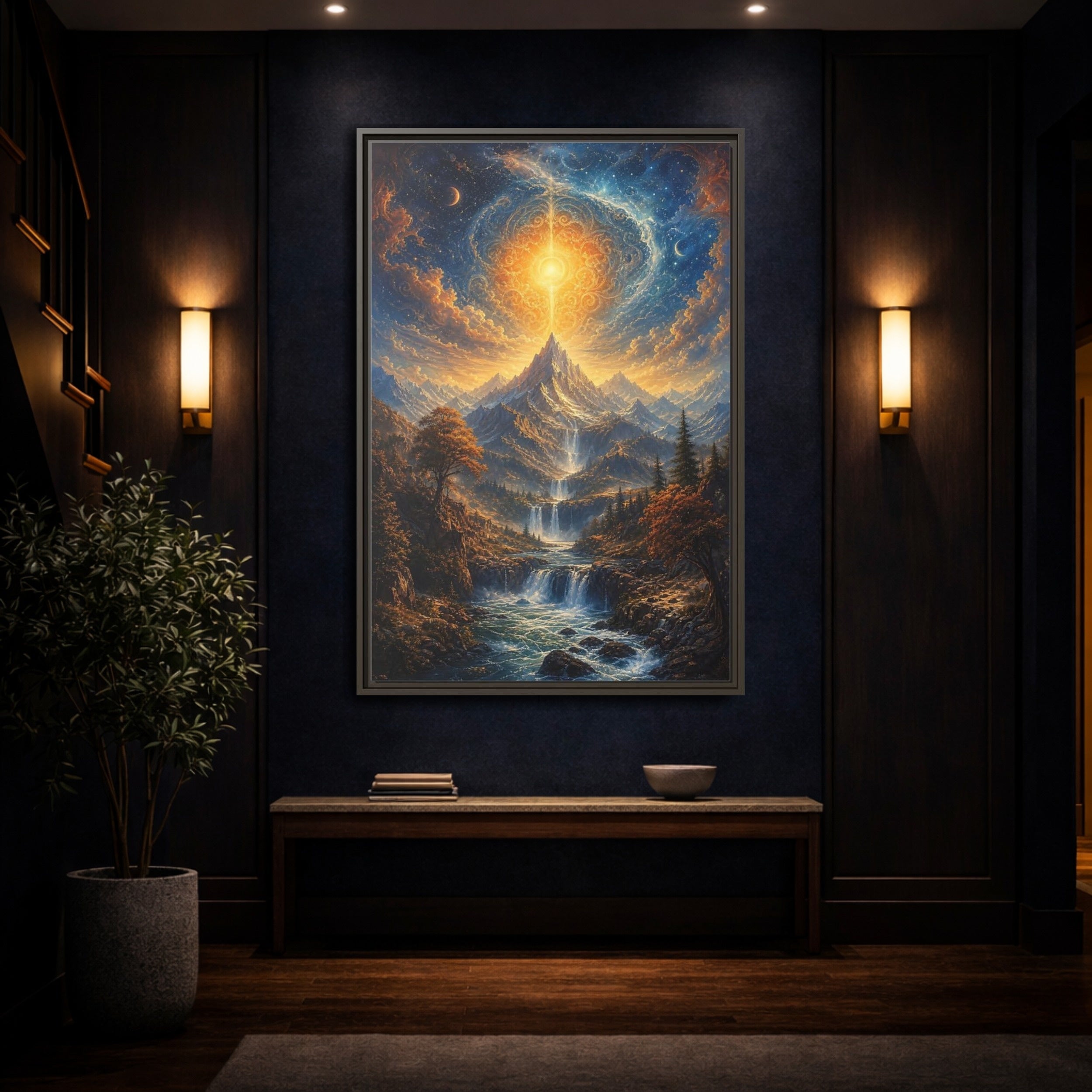 Mockup 4. Nature Cosmic Mountains Blue And Gold shown as stretched canvas wall art