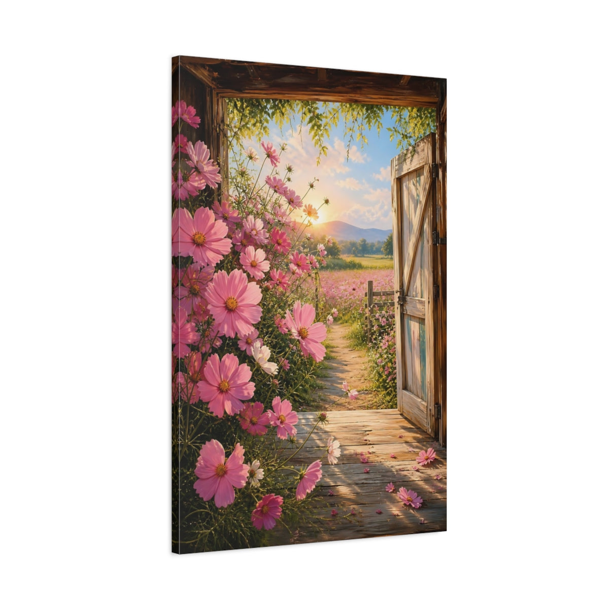 Main Mockup. Nature Cosmos Flowers Pink Cosmos Field shown as stretched canvas wall art