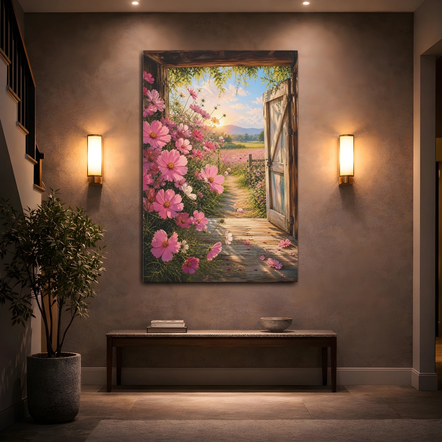 Mockup 2. Nature Cosmos Flowers Pink Cosmos Field shown as stretched canvas wall art
