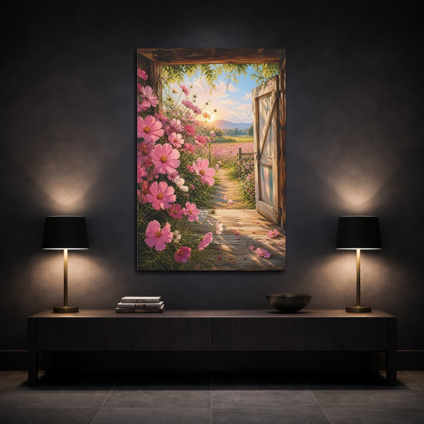 Mockup 3. Nature Cosmos Flowers Pink Cosmos Field shown as stretched canvas wall art