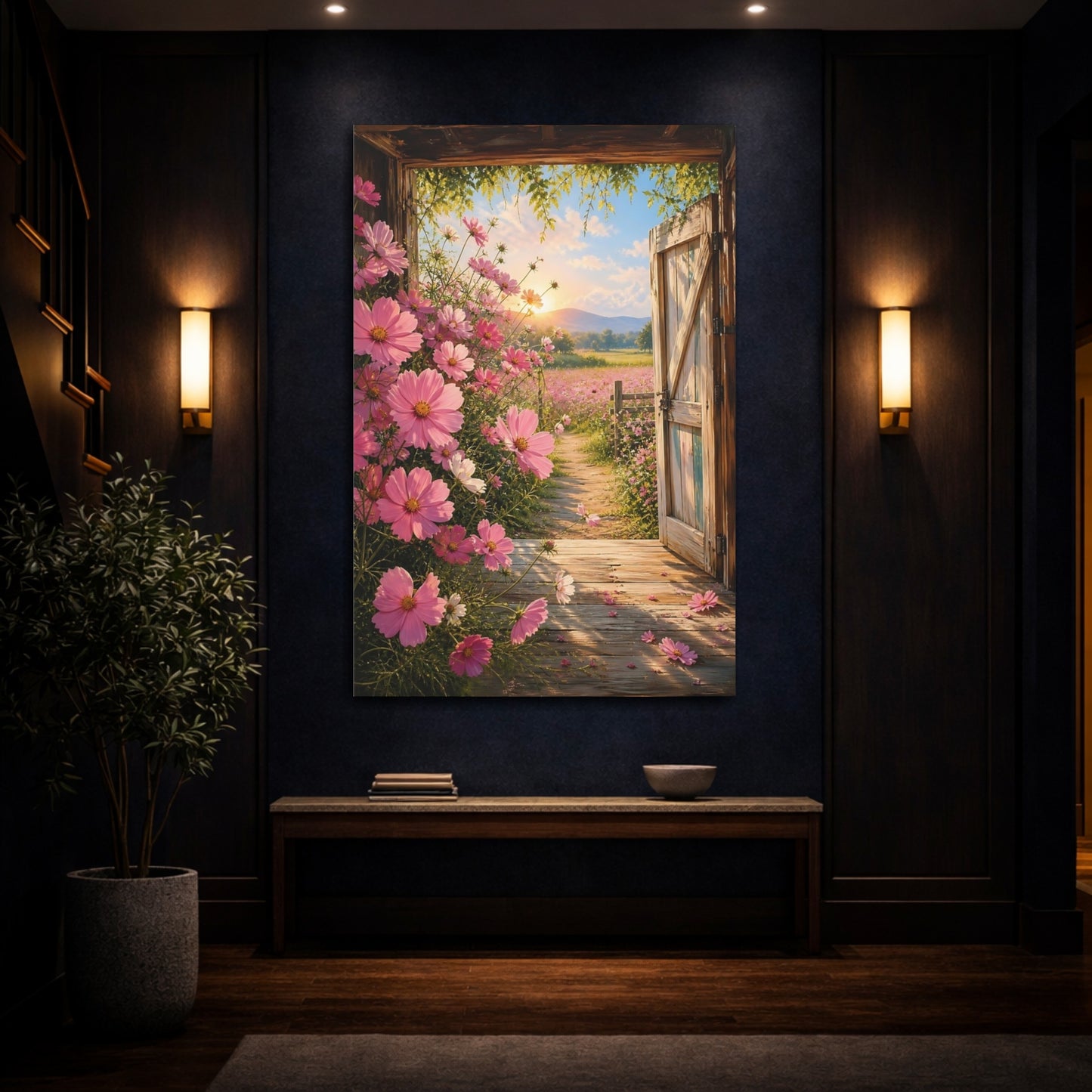Mockup 4. Nature Cosmos Flowers Pink Cosmos Field shown as stretched canvas wall art
