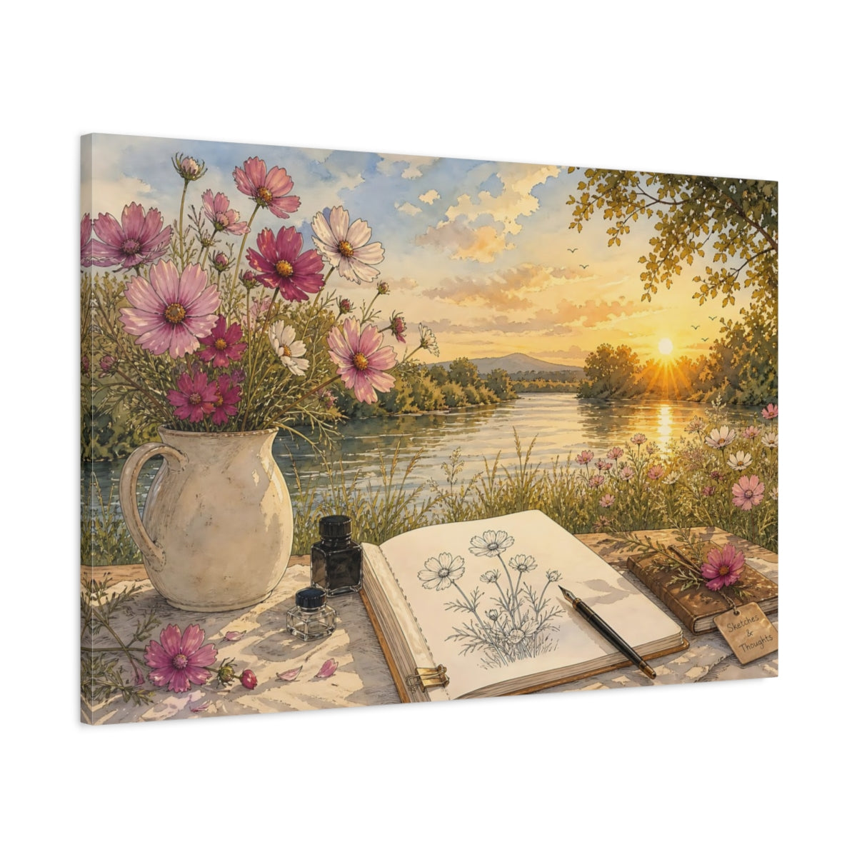 Main Mockup. Nature Cosmos Flowers Pink Cosmos River shown as stretched canvas wall art