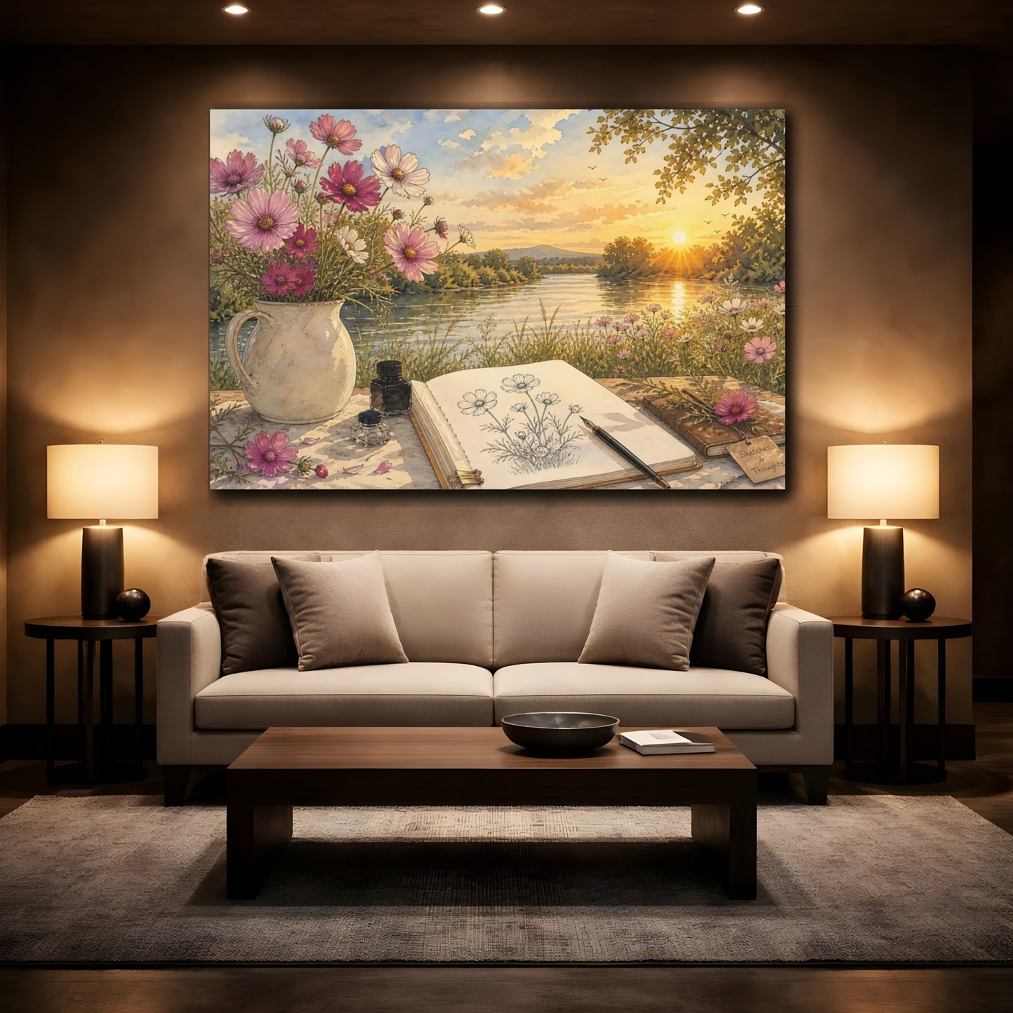 Mockup 2. Nature Cosmos Flowers Pink Cosmos River shown as stretched canvas wall art