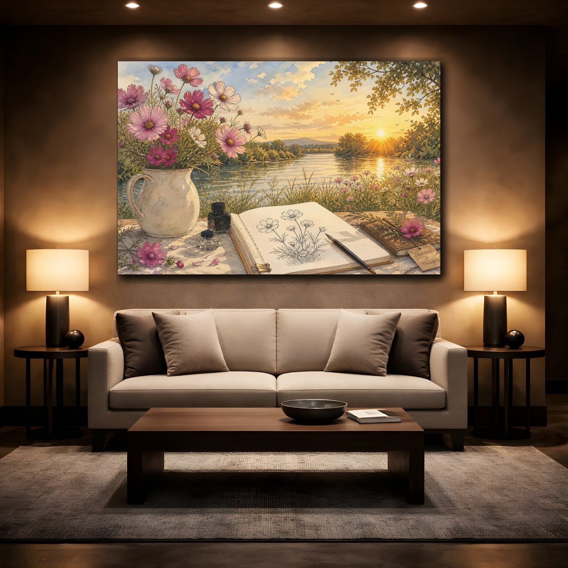 Mockup 2. Nature Cosmos Flowers Pink Cosmos River shown as stretched canvas wall art