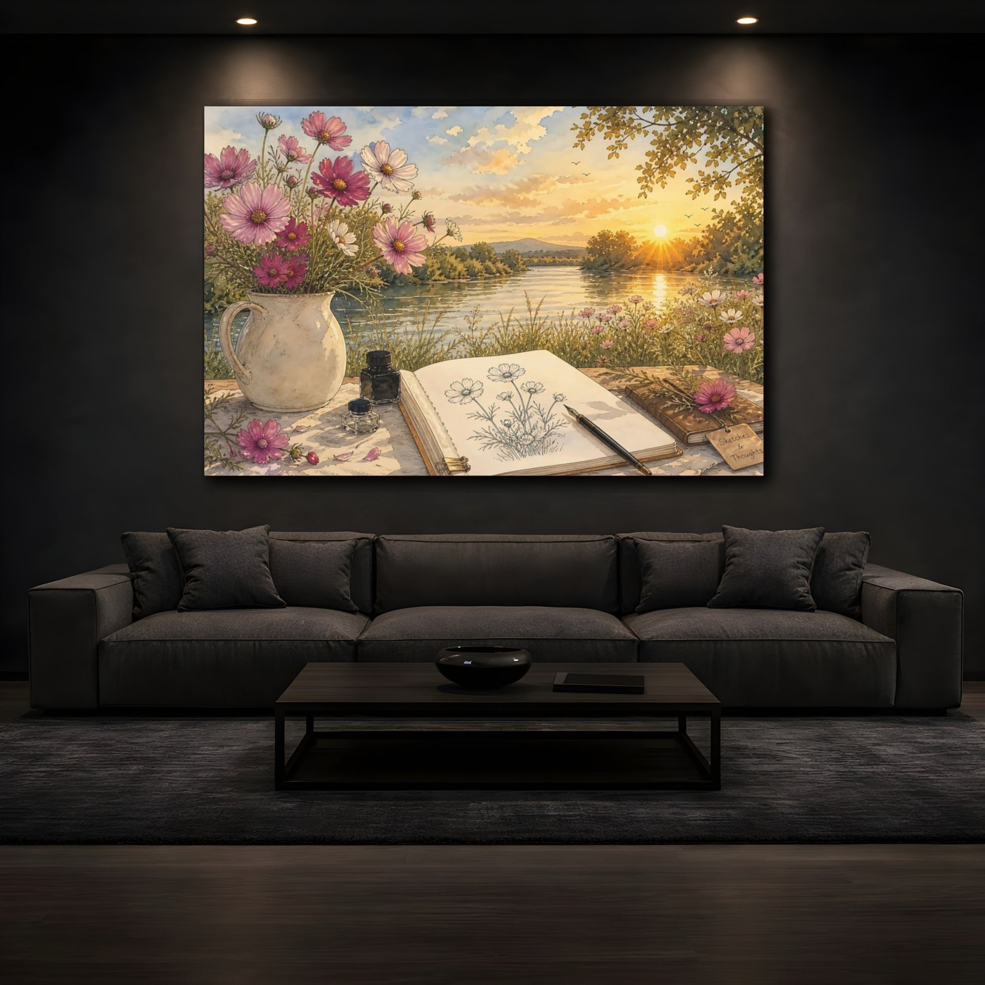 Mockup 3. Nature Cosmos Flowers Pink Cosmos River shown as stretched canvas wall art