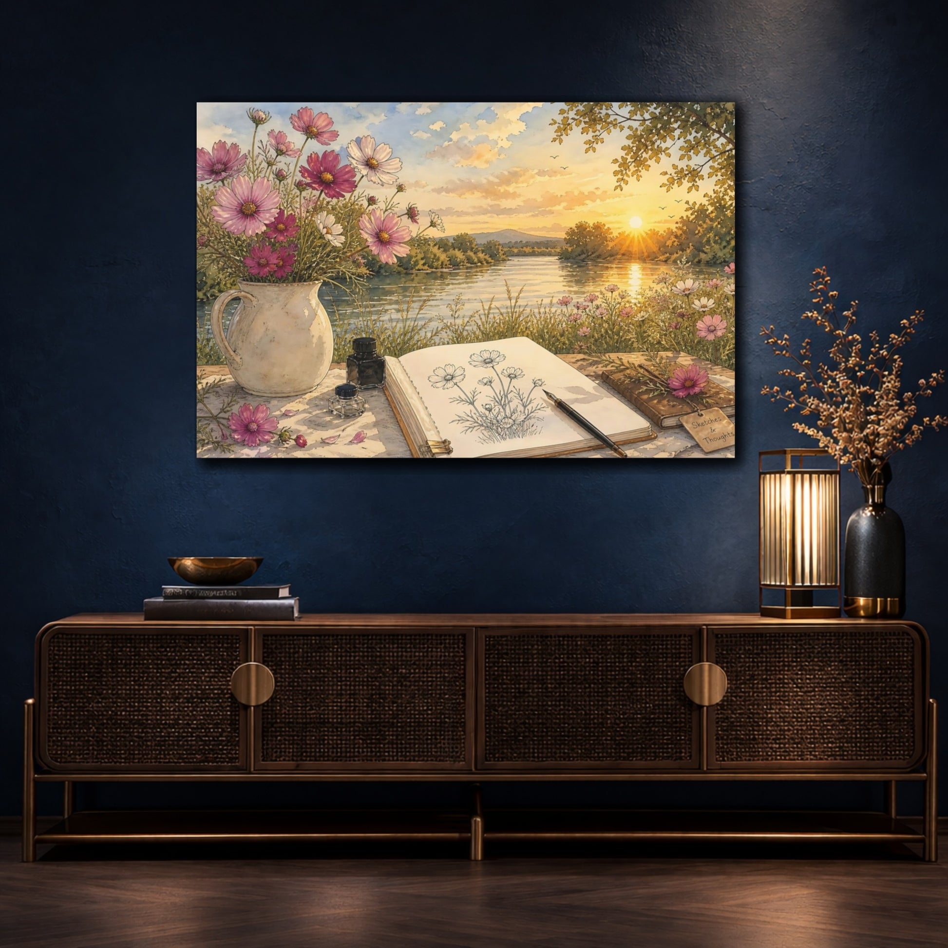 Mockup 4. Nature Cosmos Flowers Pink Cosmos River shown as stretched canvas wall art