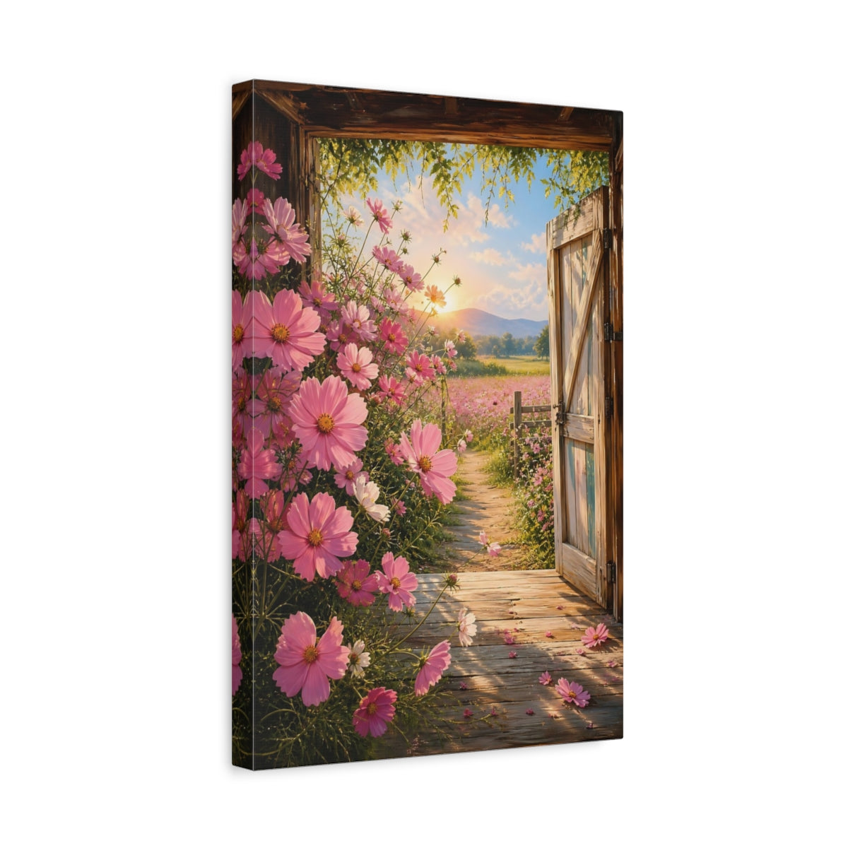 Side Mockup 4. Nature Cosmos Flowers Pink Cosmos Field shown as stretched canvas wall art