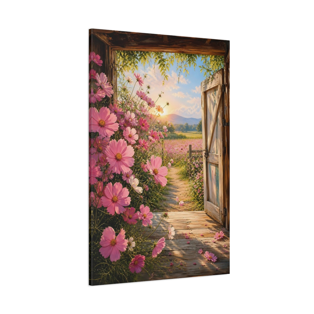 Side Mockup 1. Nature Cosmos Flowers Pink Cosmos Field shown as stretched canvas wall art