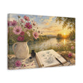 Side Mockup 4. Nature Cosmos Flowers Pink Cosmos River shown as stretched canvas wall art