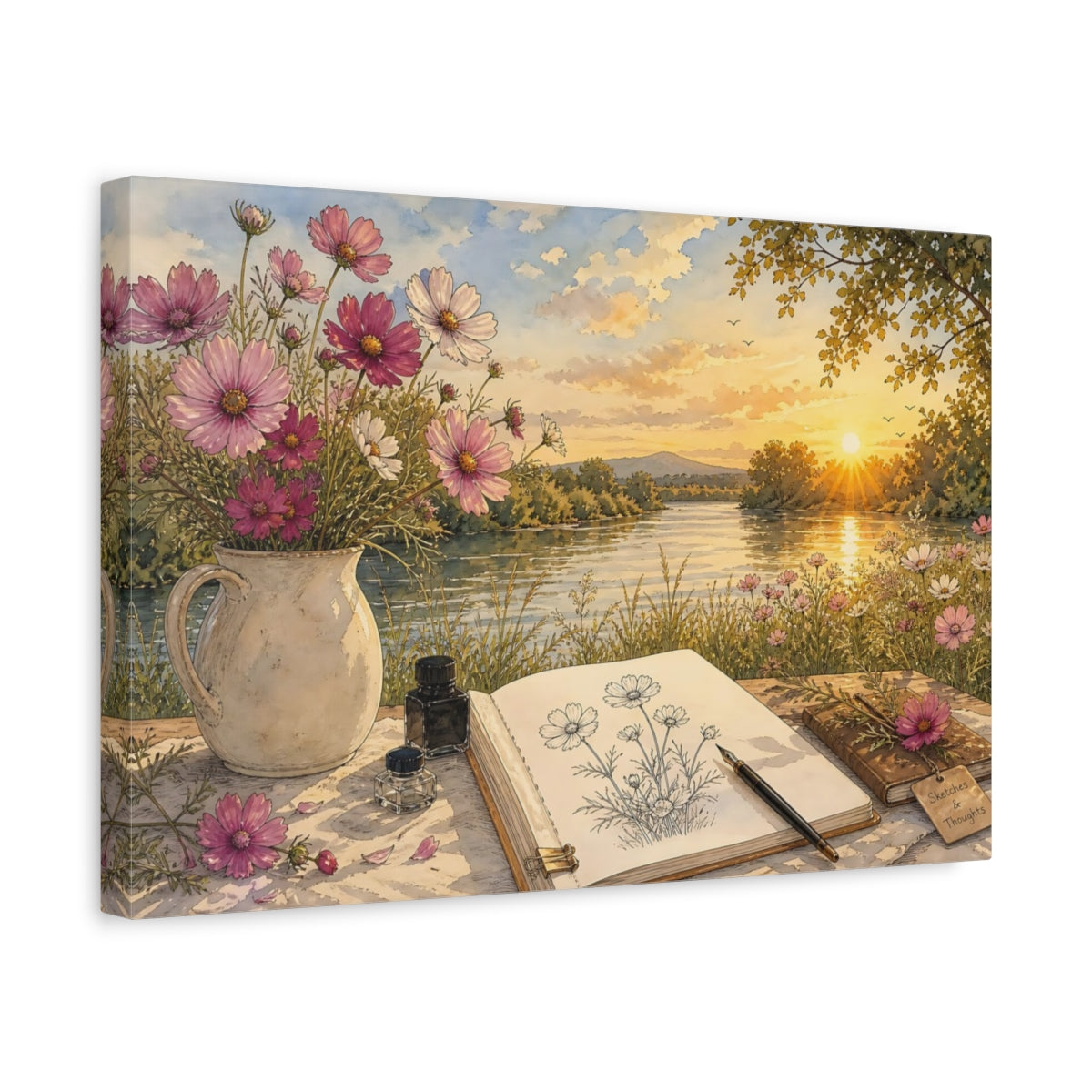 Side Mockup 4. Nature Cosmos Flowers Pink Cosmos River shown as stretched canvas wall art