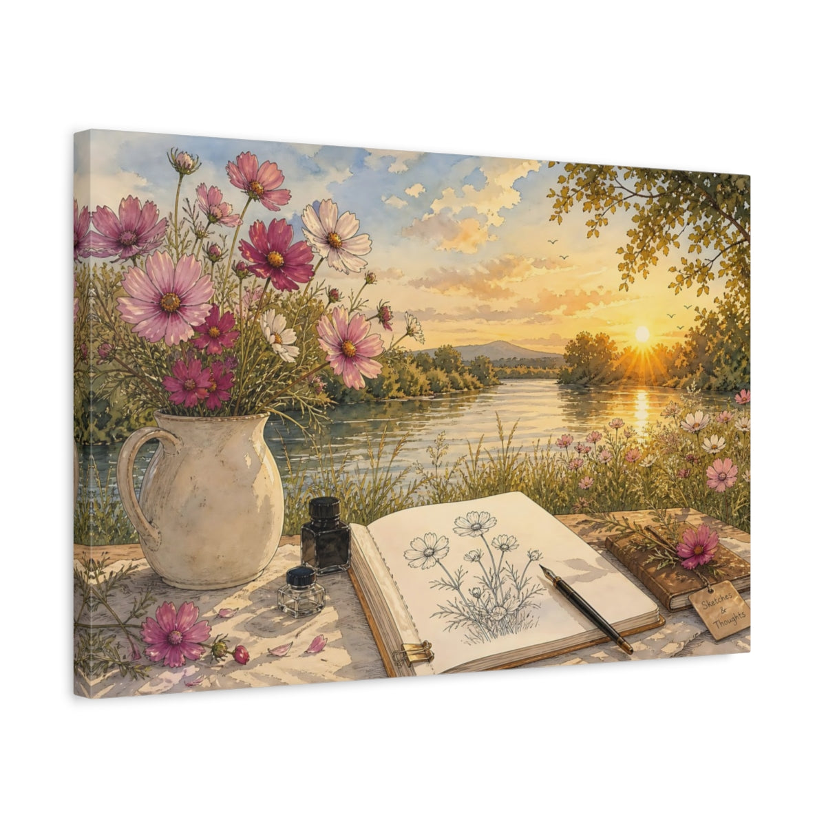 Side Mockup 3. Nature Cosmos Flowers Pink Cosmos River shown as stretched canvas wall art