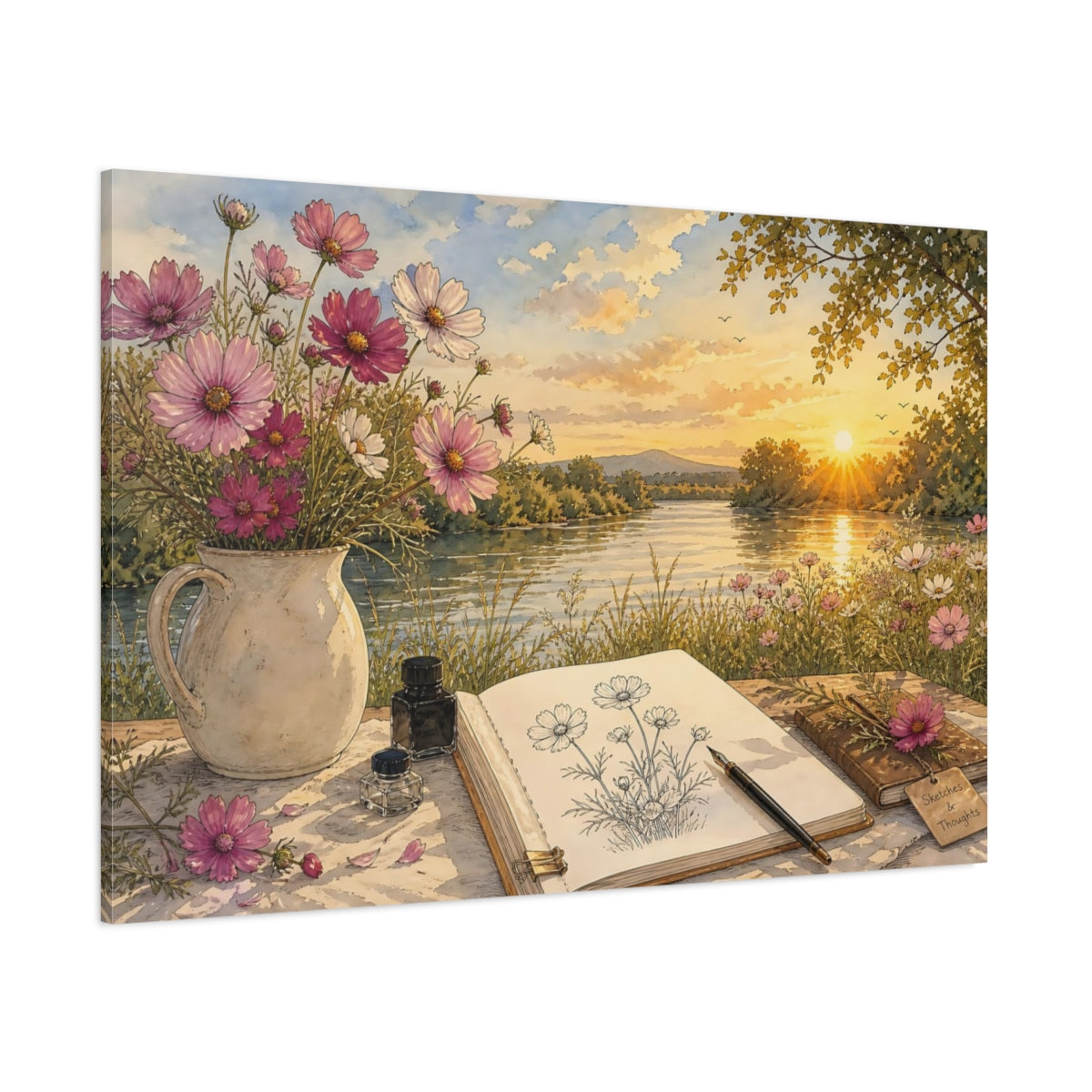 Side Mockup 1. Nature Cosmos Flowers Pink Cosmos River shown as stretched canvas wall art
