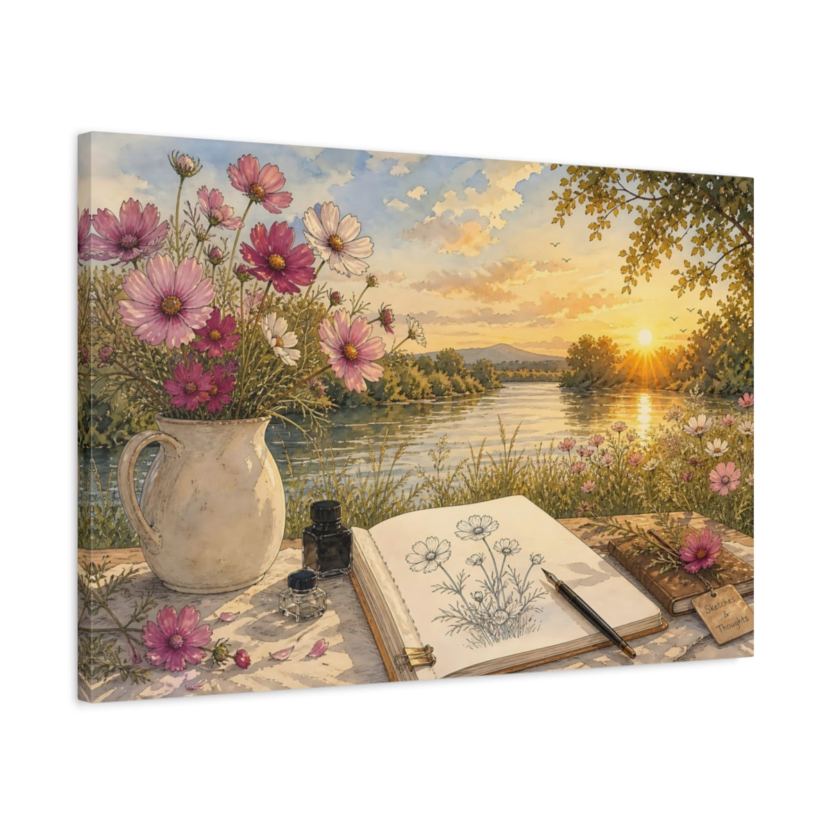 Side Mockup 2. Nature Cosmos Flowers Pink Cosmos River shown as stretched canvas wall art
