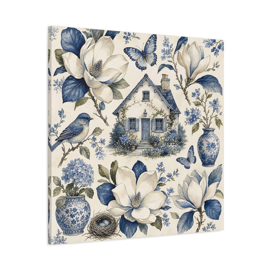 Main Mockup. Nature Cottage Blue And White shown as stretched canvas wall art