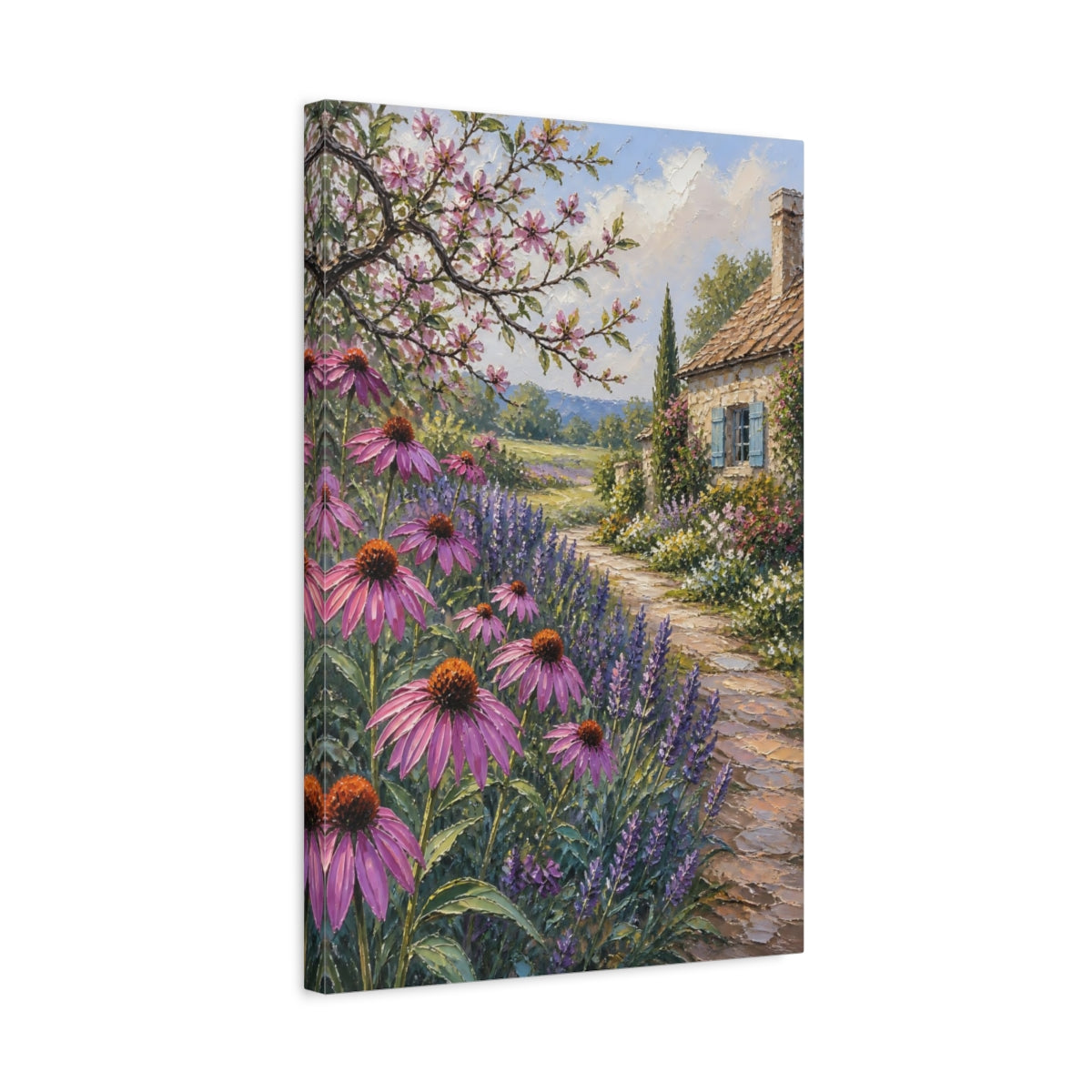 Side Mockup 3. Nature Cottage Garden Purple Garden shown as stretched canvas wall art