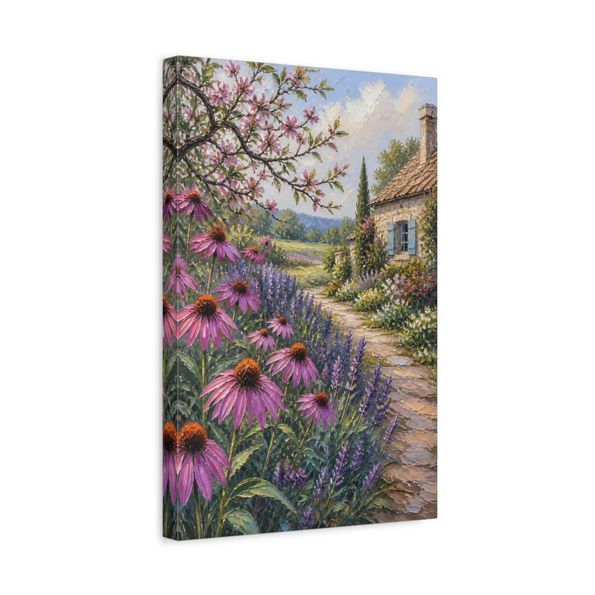 Side Mockup 4. Nature Cottage Garden Purple Garden shown as stretched canvas wall art