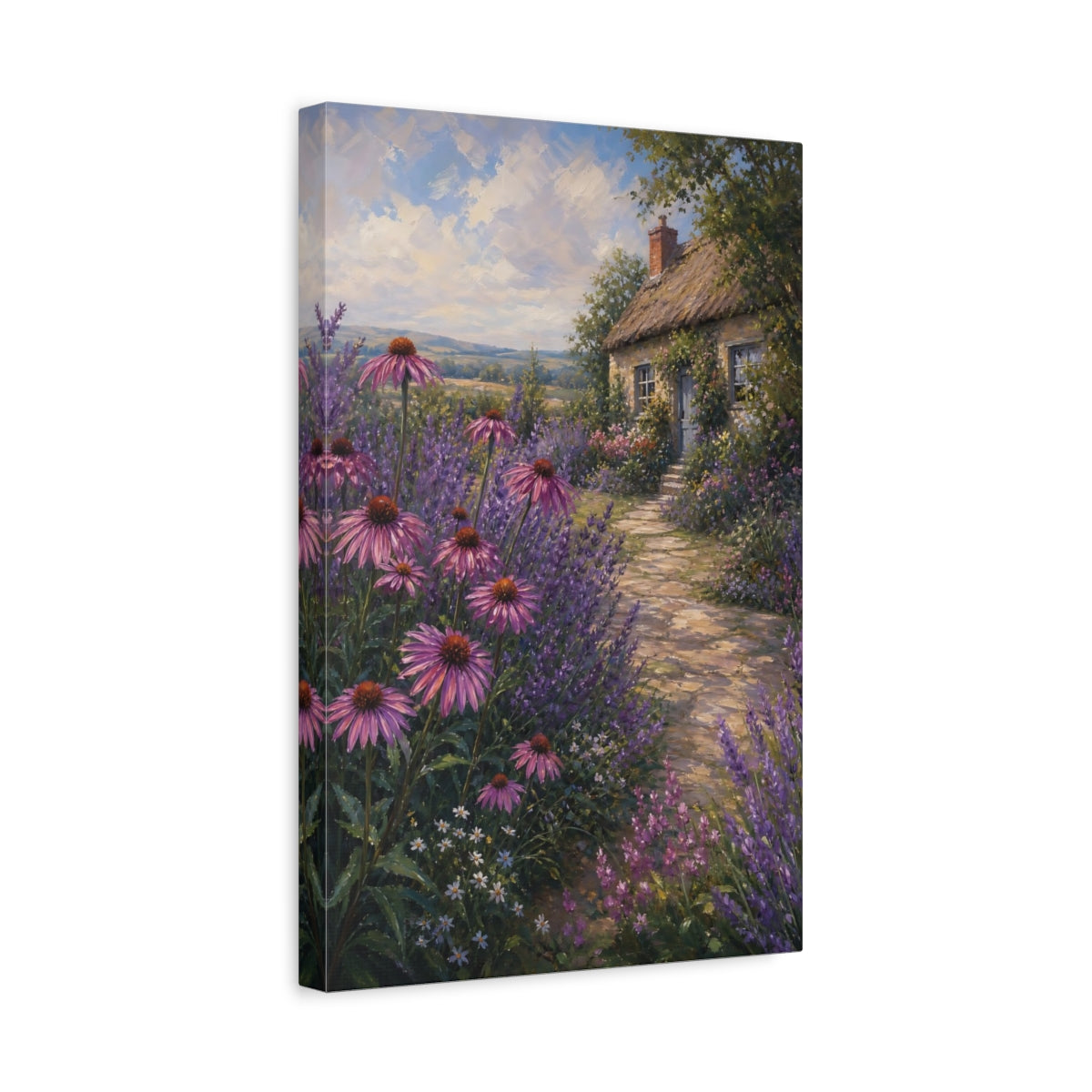 Side Mockup 4. Nature Cottage Garden Purple Cottage Garden shown as stretched canvas wall art