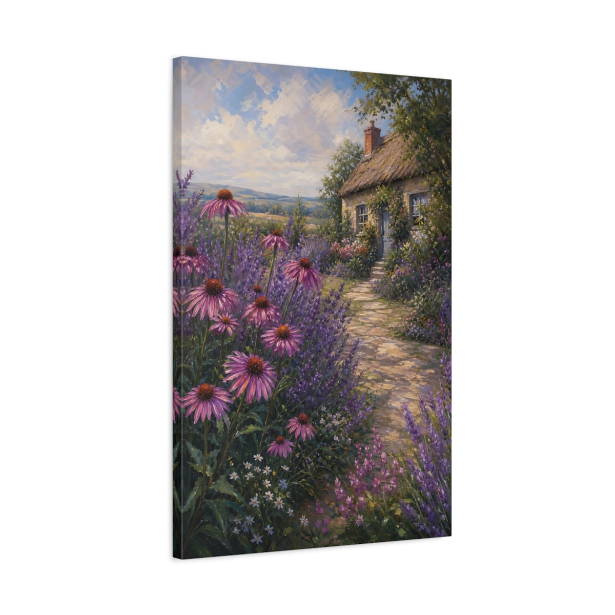 Side Mockup 2. Nature Cottage Garden Purple Cottage Garden shown as stretched canvas wall art
