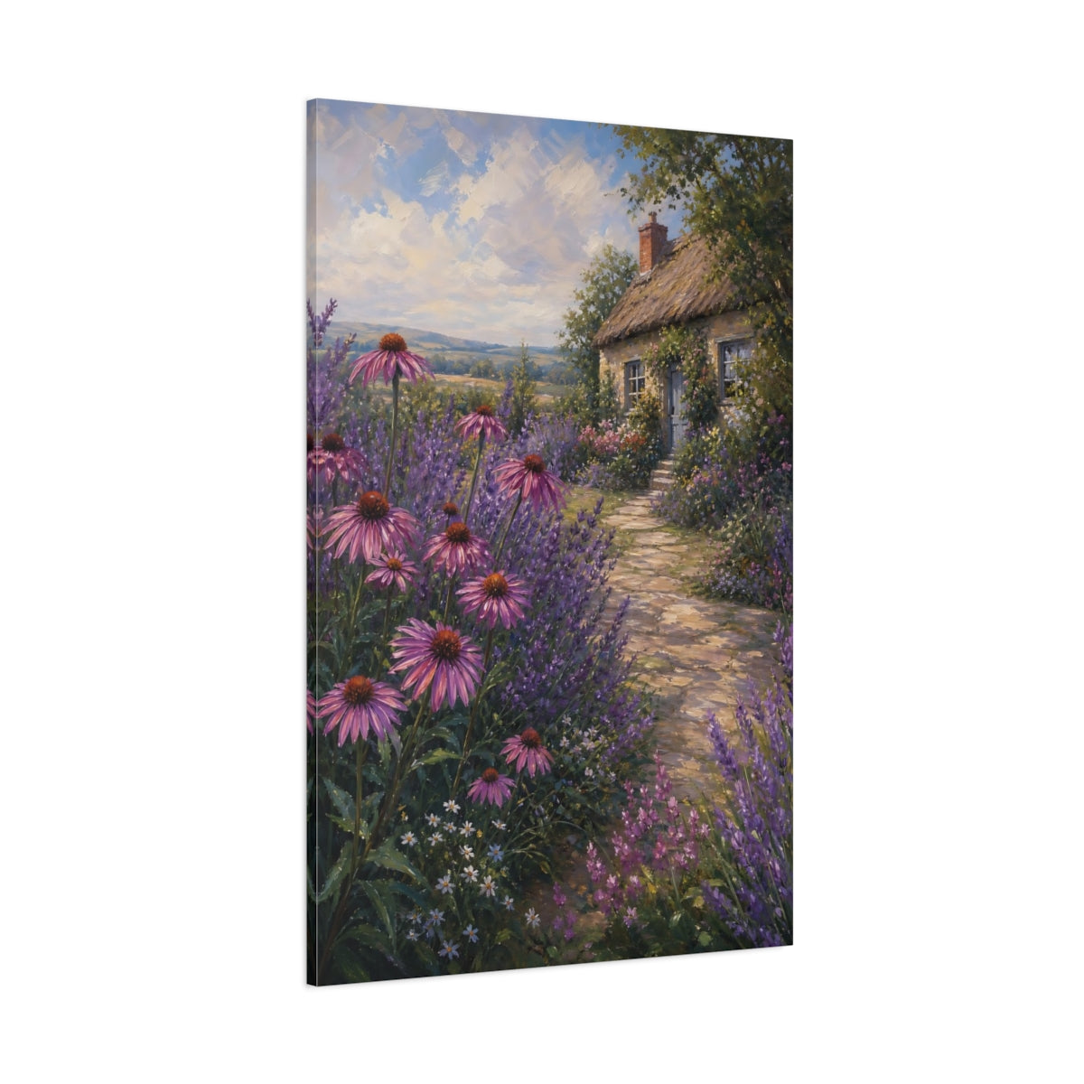 Side Mockup 1. Nature Cottage Garden Purple Cottage Garden shown as stretched canvas wall art