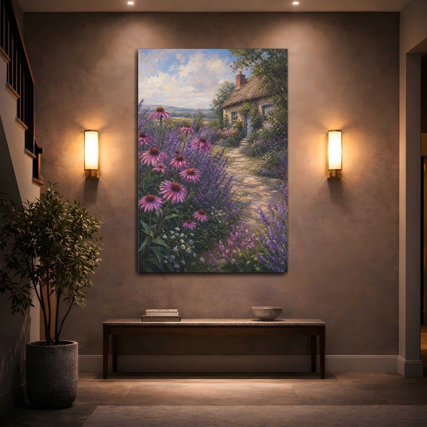 Mockup 2. Nature Cottage Garden Purple Cottage Garden shown as stretched canvas wall art