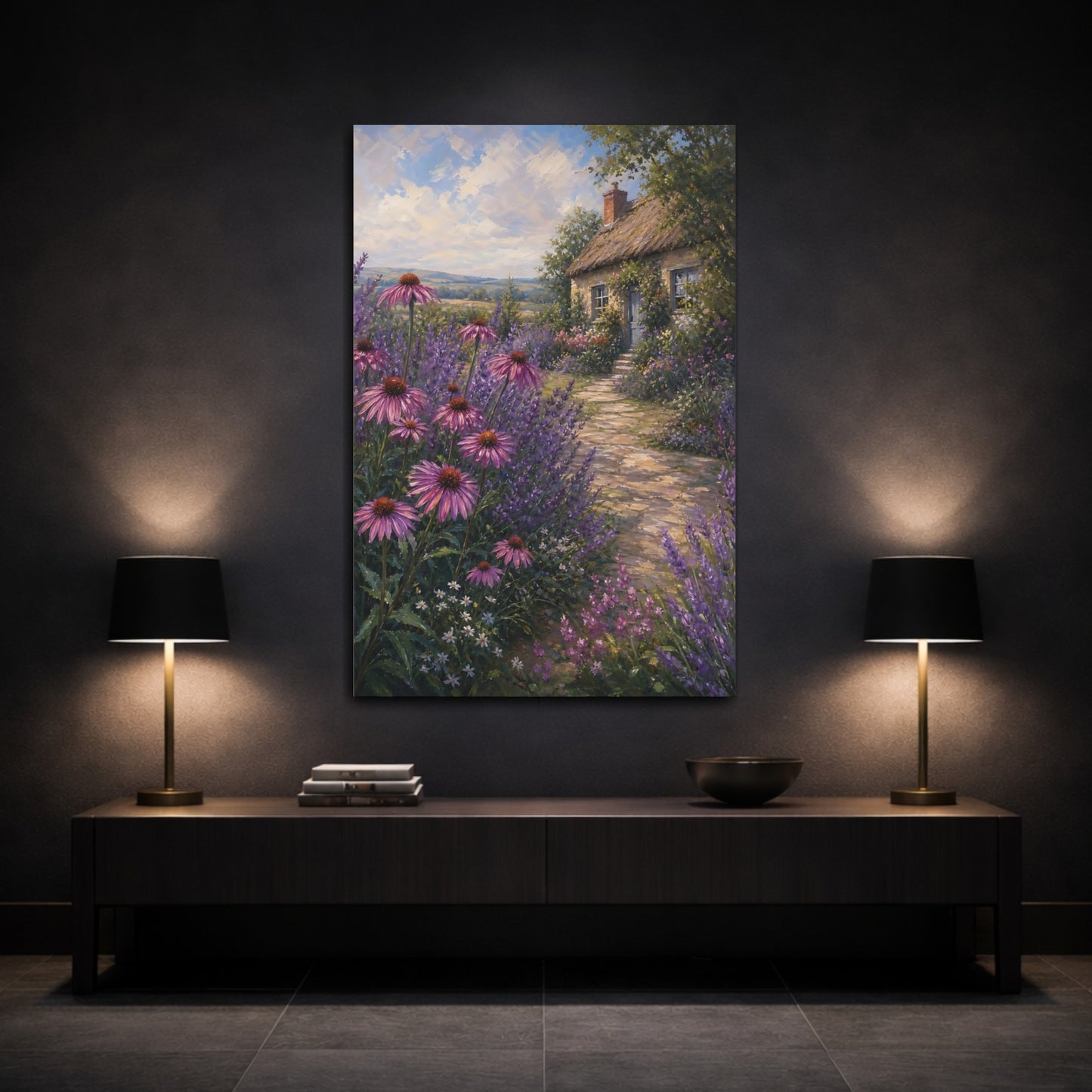 Mockup 3. Nature Cottage Garden Purple Cottage Garden shown as stretched canvas wall art