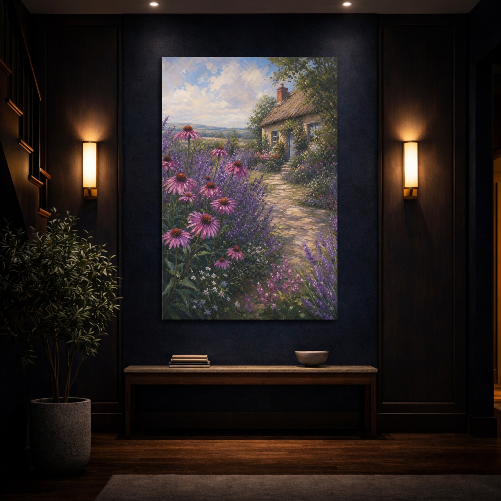 Mockup 4. Nature Cottage Garden Purple Cottage Garden shown as stretched canvas wall art