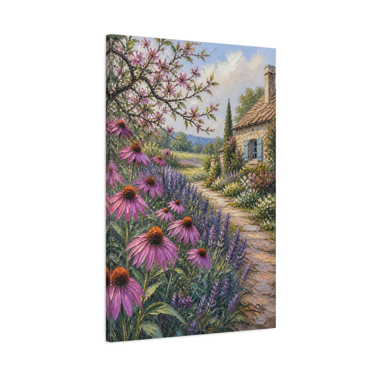 Main Mockup. Nature Cottage Garden Purple Garden shown as stretched canvas wall art