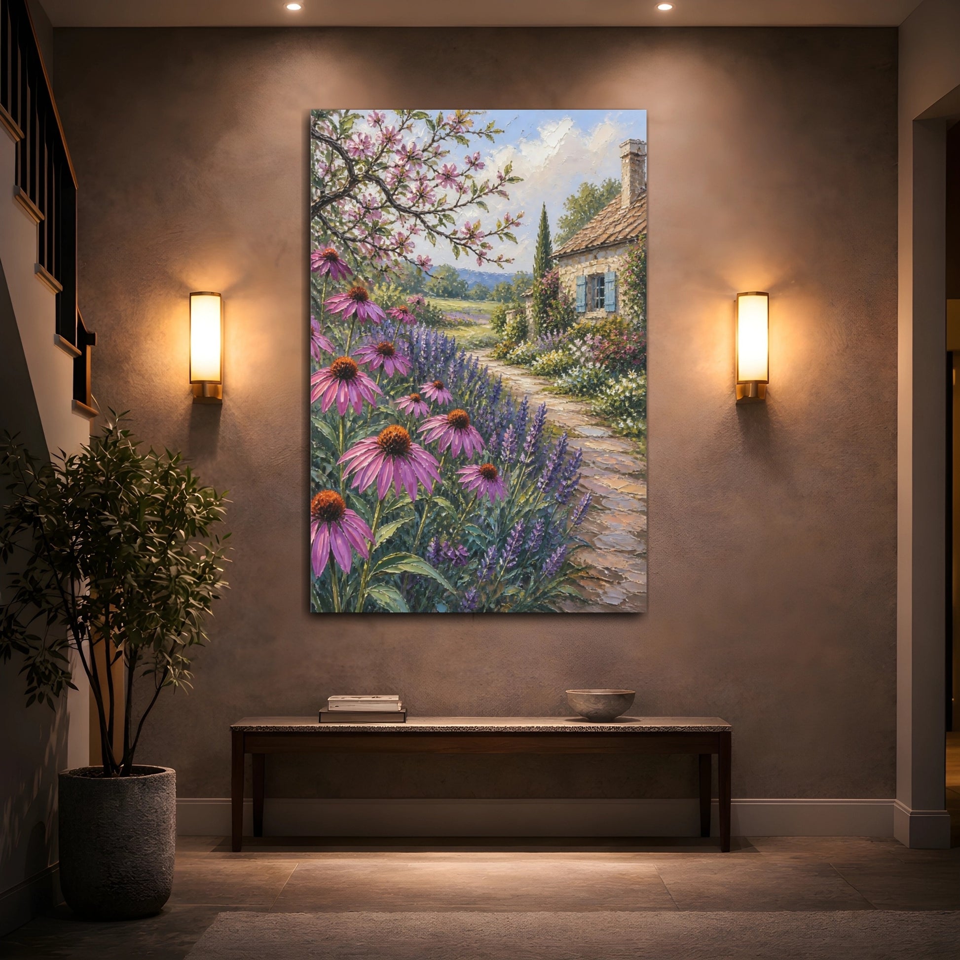 Mockup 2. Nature Cottage Garden Purple Garden shown as stretched canvas wall art