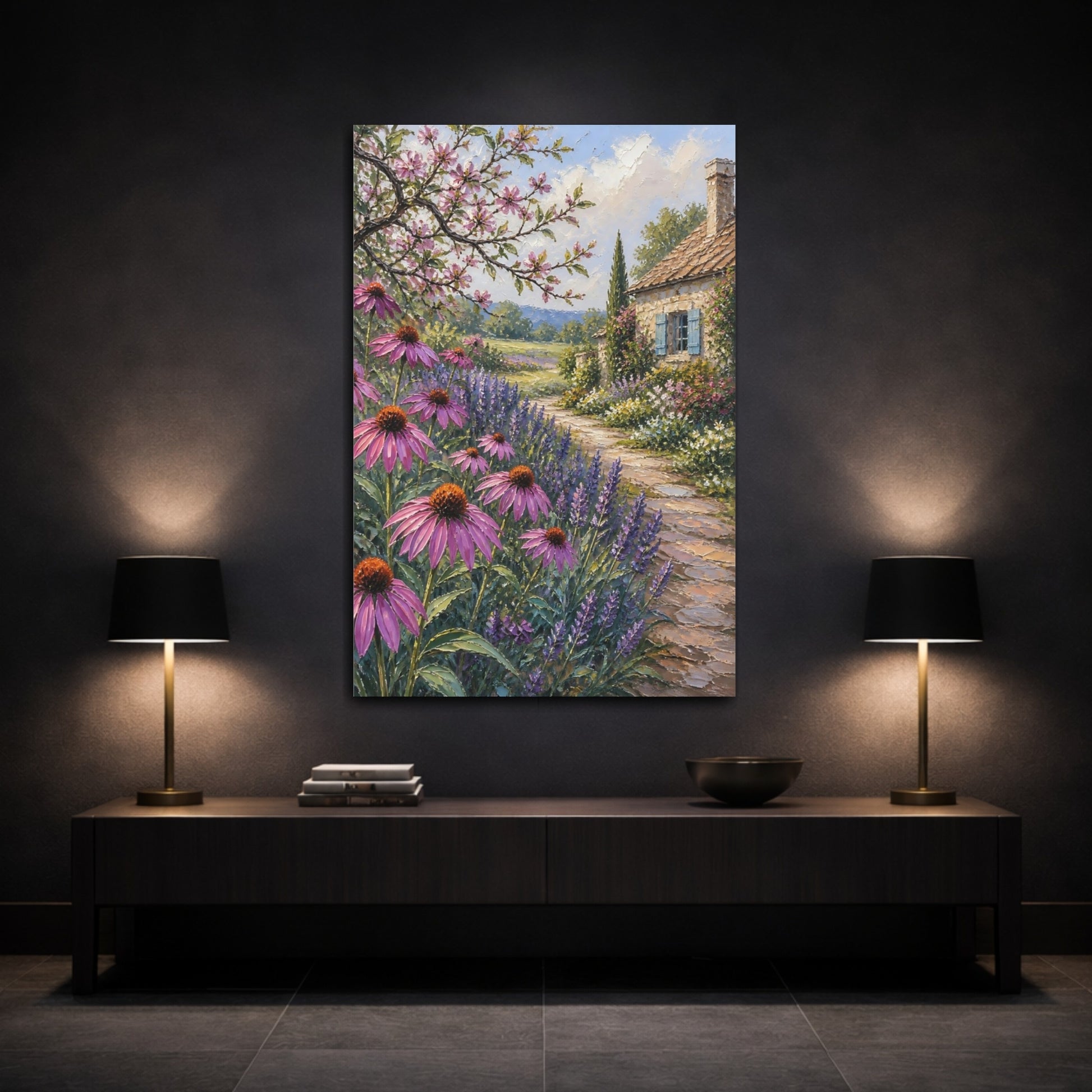 Mockup 3. Nature Cottage Garden Purple Garden shown as stretched canvas wall art