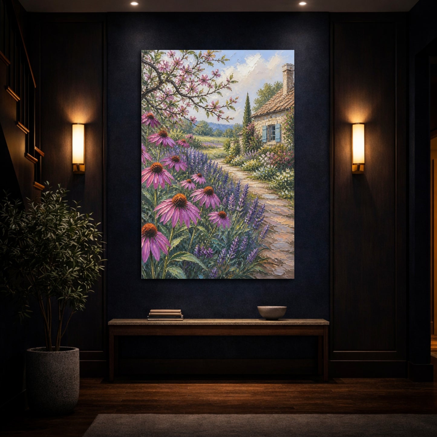 Mockup 4. Nature Cottage Garden Purple Garden shown as stretched canvas wall art
