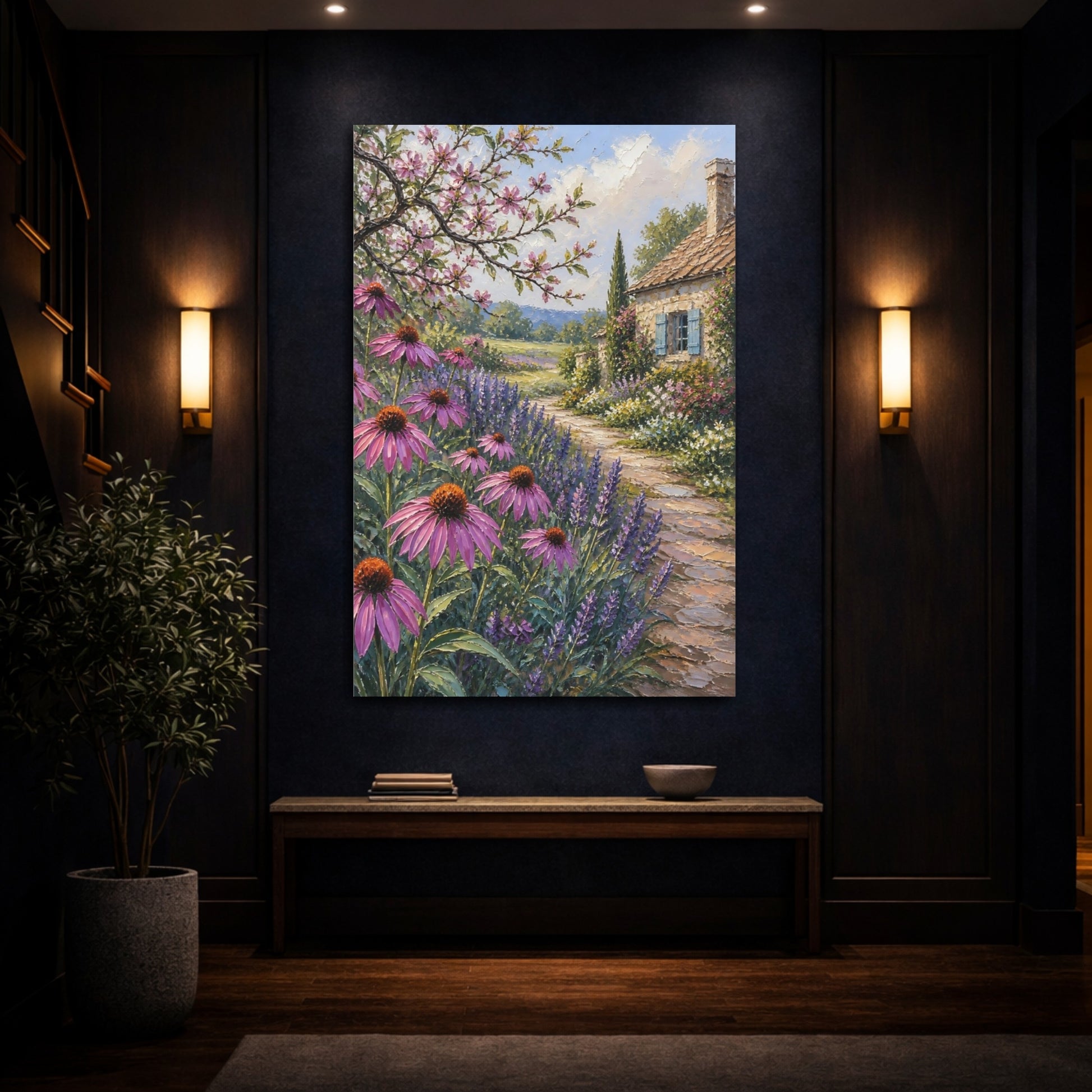 Mockup 4. Nature Cottage Garden Purple Garden shown as stretched canvas wall art
