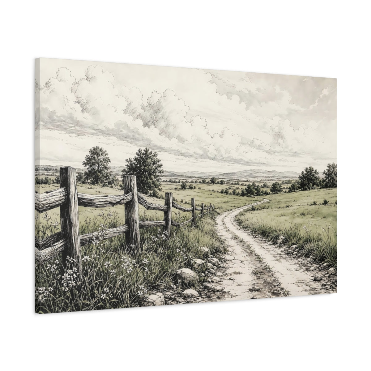 Main Mockup. Nature Country Path Green And Brown Landscape shown as stretched canvas wall art
