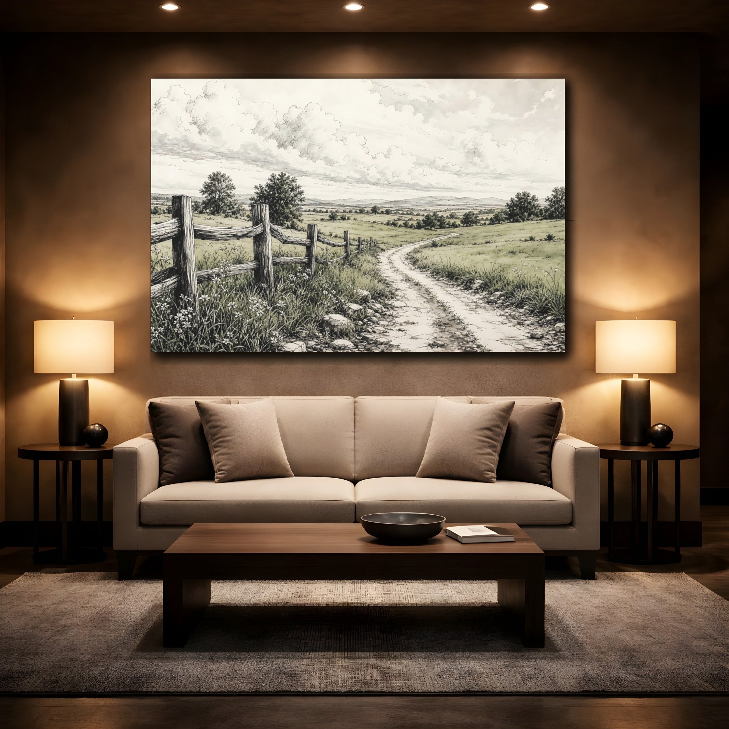 Mockup 2. Nature Country Path Green And Brown Landscape shown as stretched canvas wall art