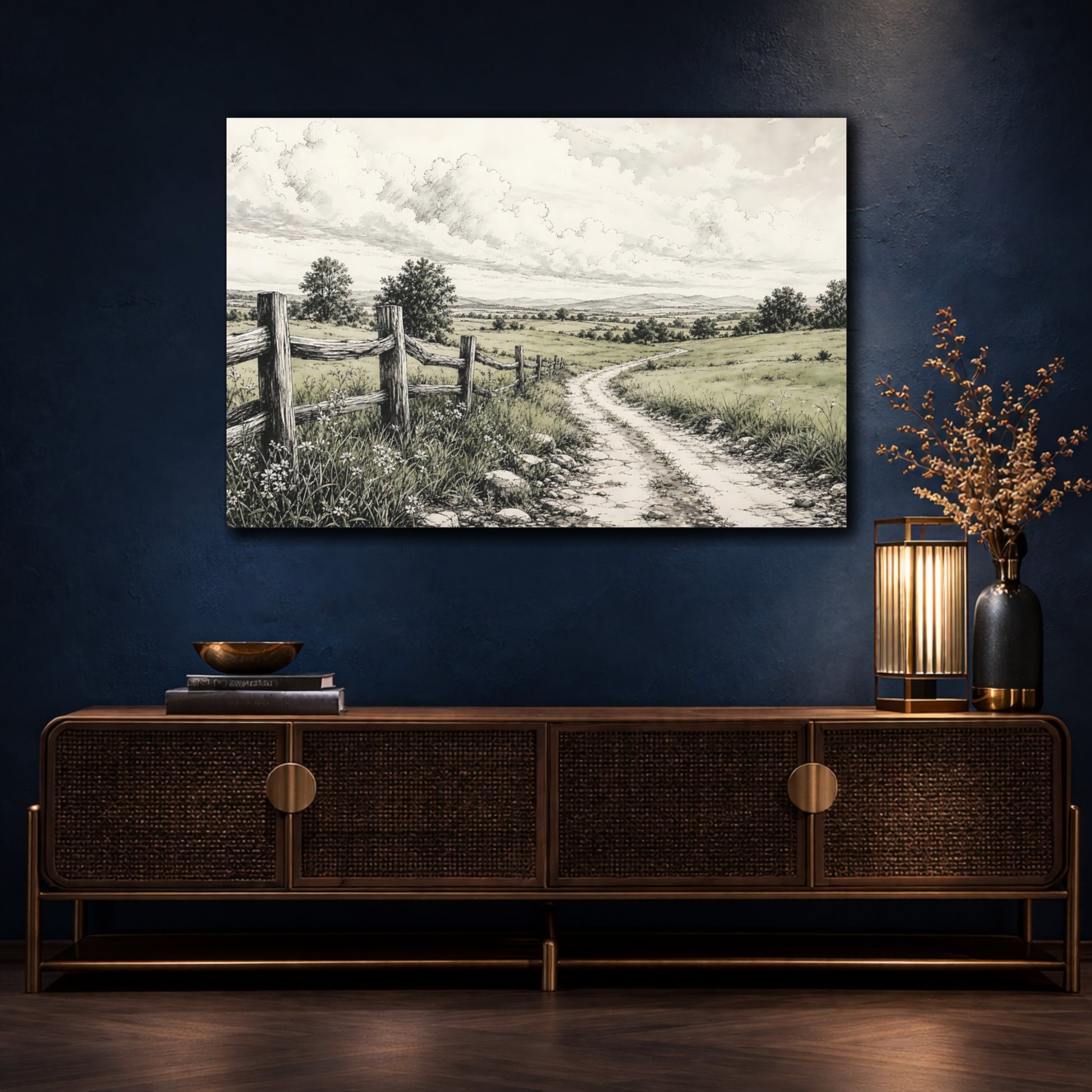 Mockup 4. Nature Country Path Green And Brown Landscape shown as stretched canvas wall art