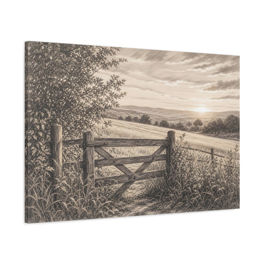 Main Mockup. Nature Countryside Gate Sepia Landscape shown as stretched canvas wall art