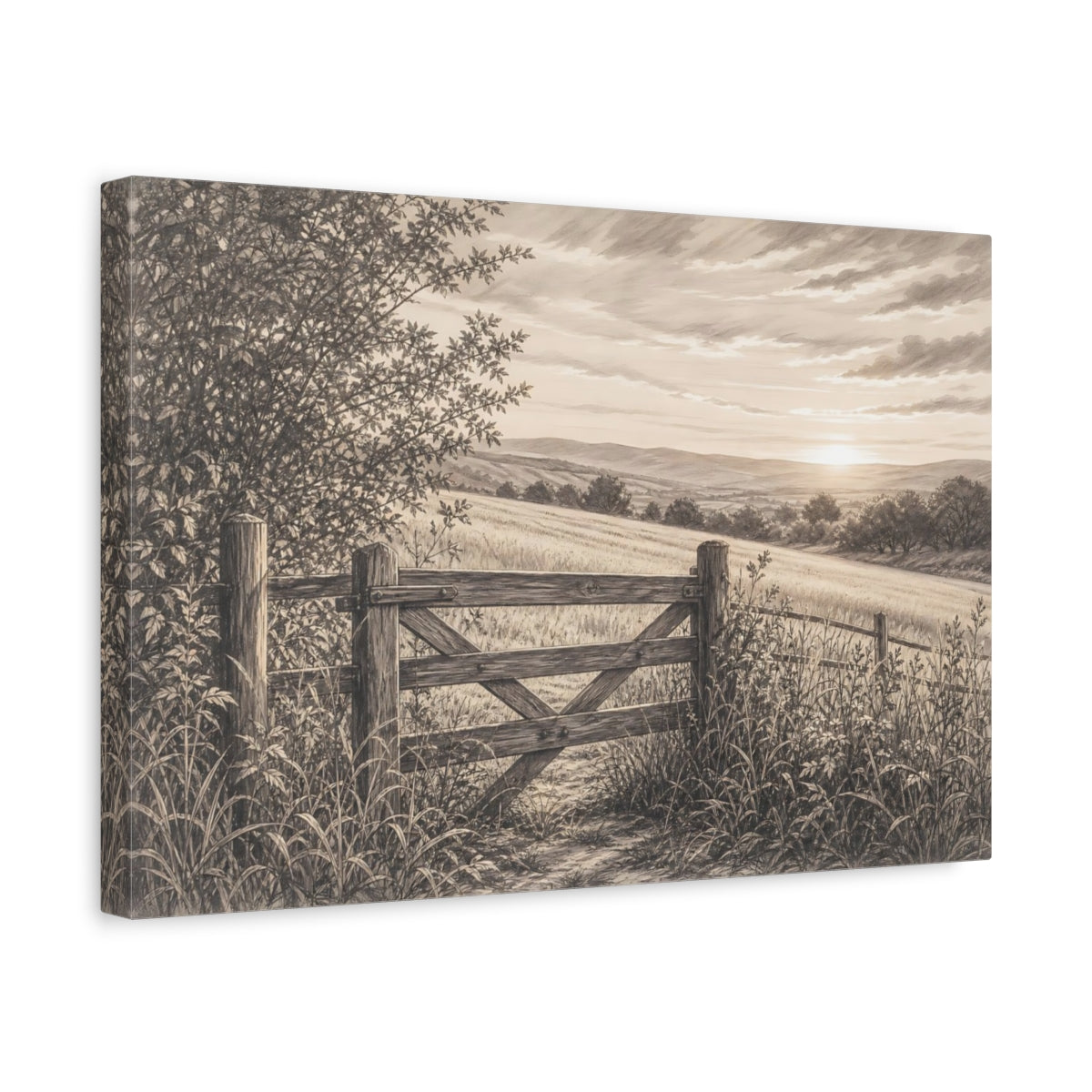 Side Mockup 4. Nature Countryside Gate Sepia Landscape shown as stretched canvas wall art