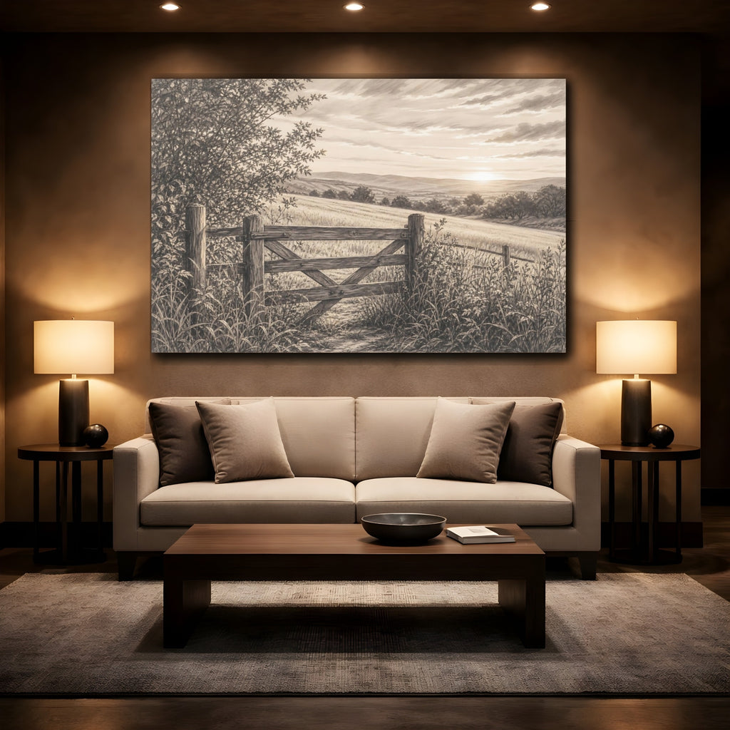 Mockup 2. Nature Countryside Gate Sepia Landscape shown as stretched canvas wall art