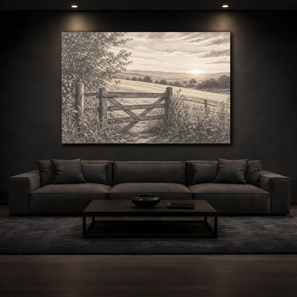 Mockup 3. Nature Countryside Gate Sepia Landscape shown as stretched canvas wall art