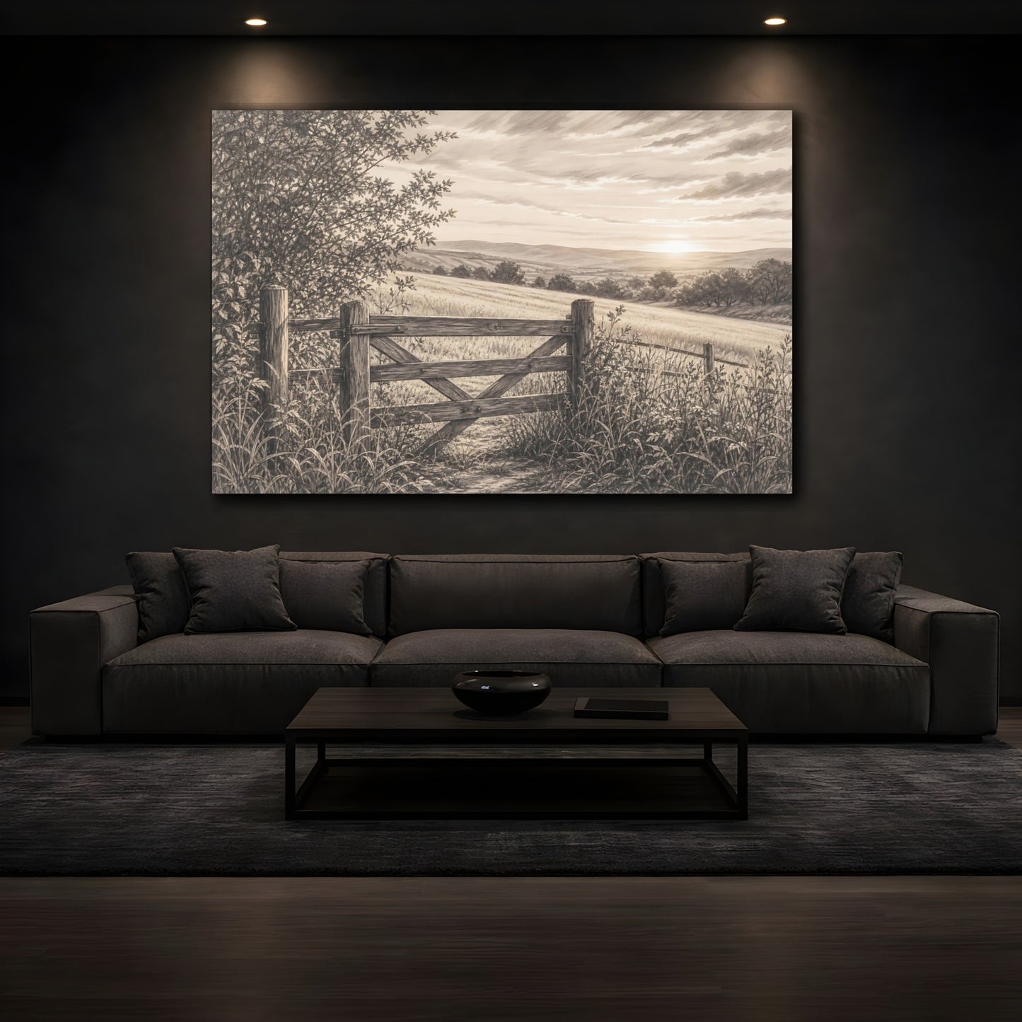 Mockup 3. Nature Countryside Gate Sepia Landscape shown as stretched canvas wall art