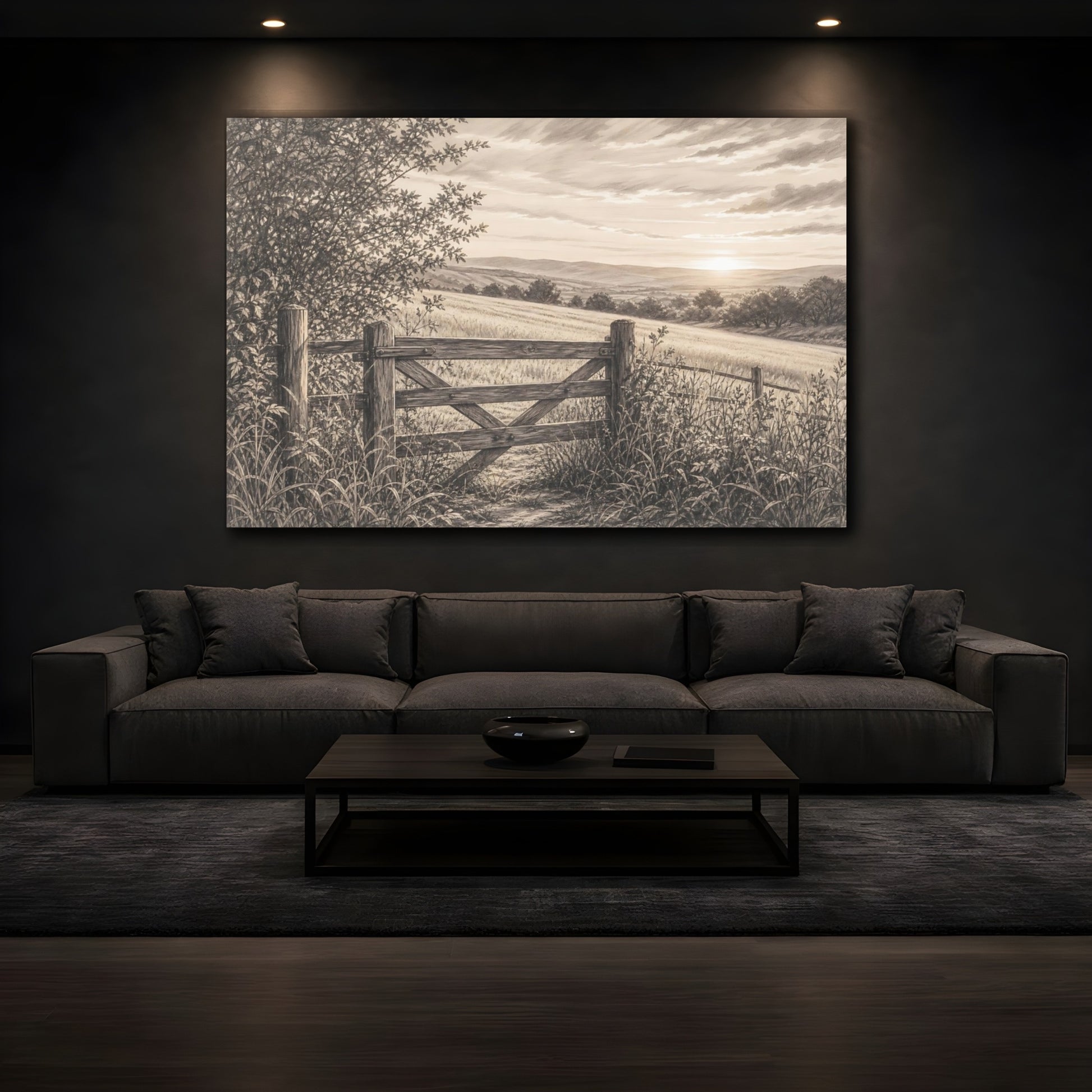 Mockup 3. Nature Countryside Gate Sepia Landscape shown as stretched canvas wall art