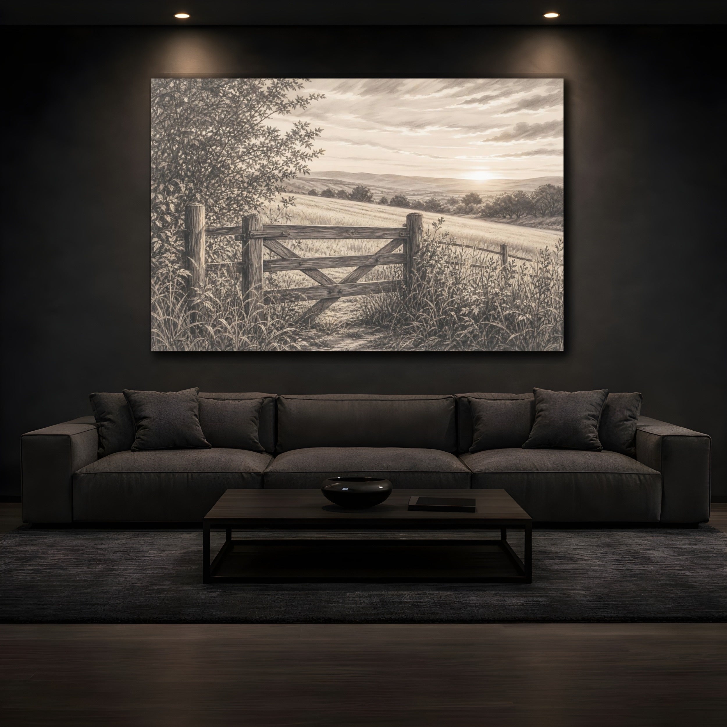 Mockup 3. Nature Countryside Gate Sepia Landscape shown as stretched canvas wall art