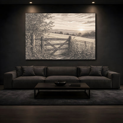 Mockup 3. Nature Countryside Gate Sepia Landscape shown as stretched canvas wall art