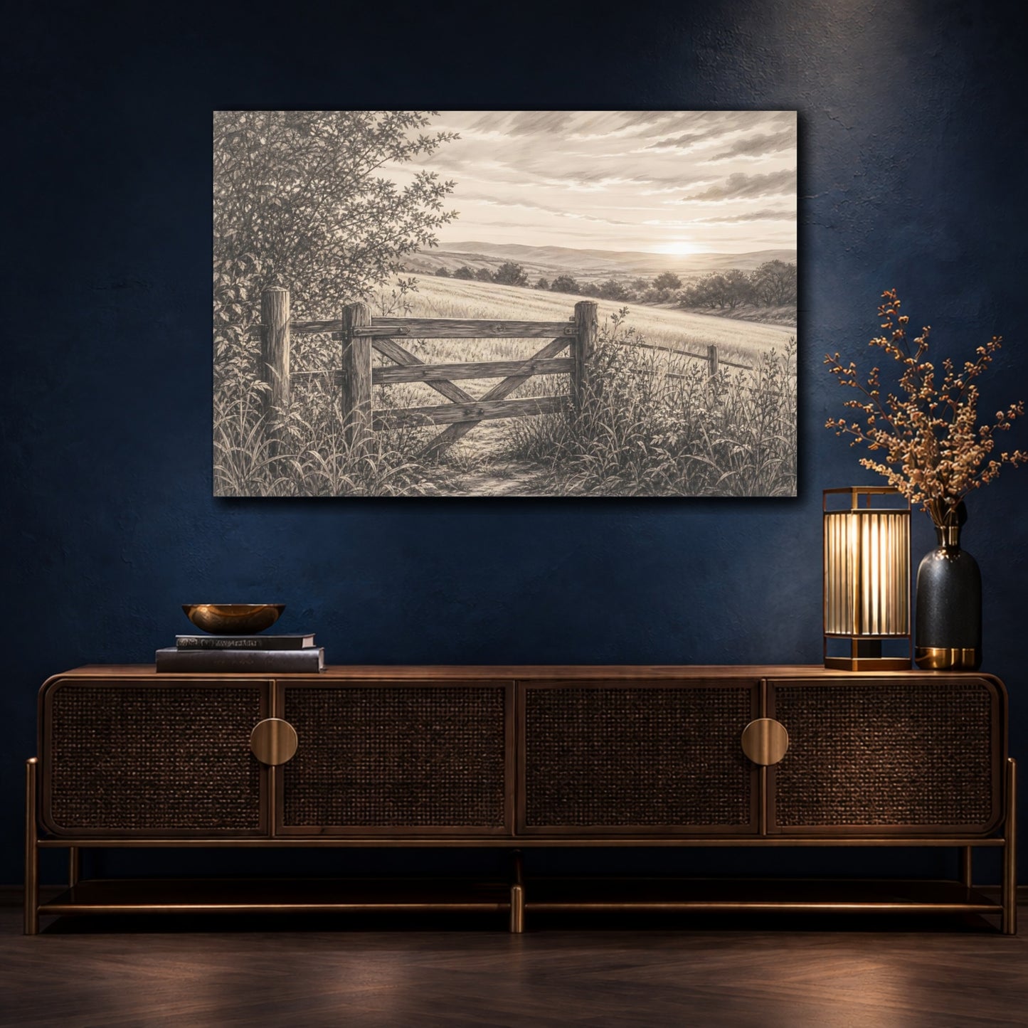 Mockup 4. Nature Countryside Gate Sepia Landscape shown as stretched canvas wall art
